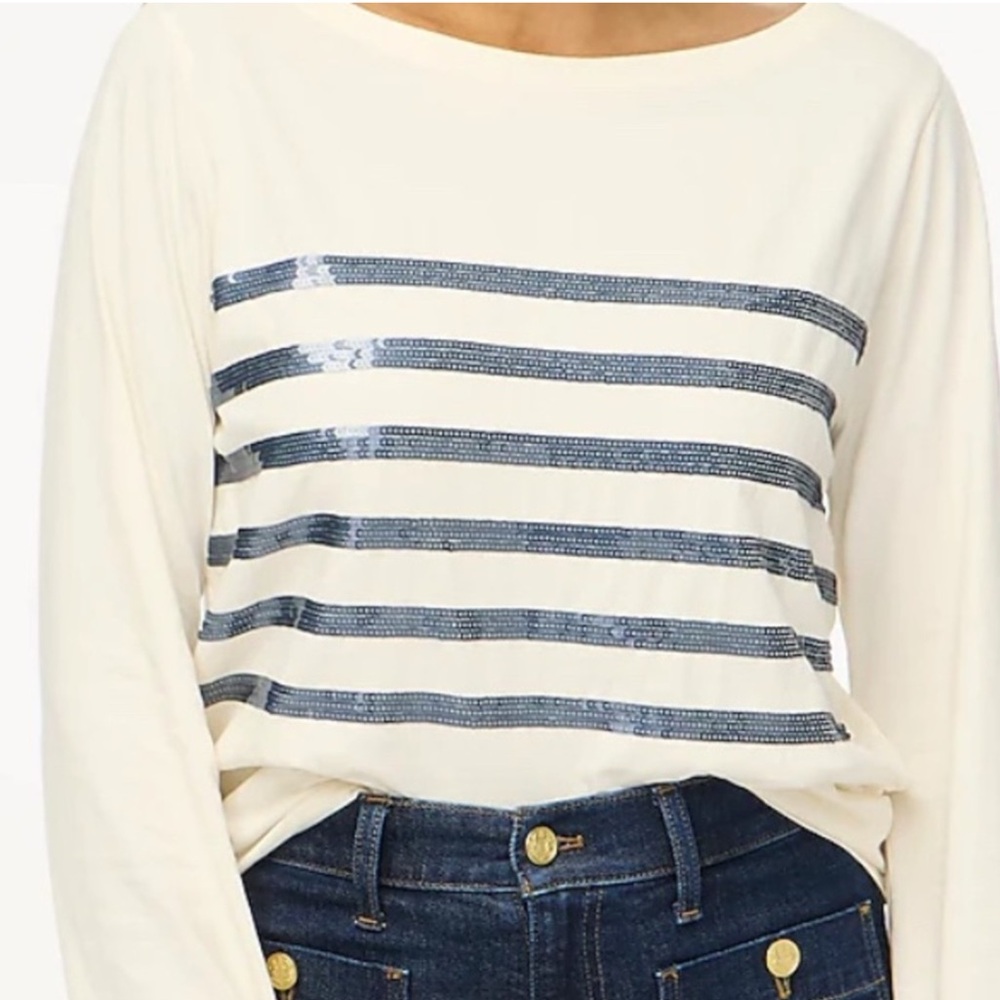 NWT J.Crew Cream and Blue Sequin Tee – Women’s Size S (Sold Out Style)